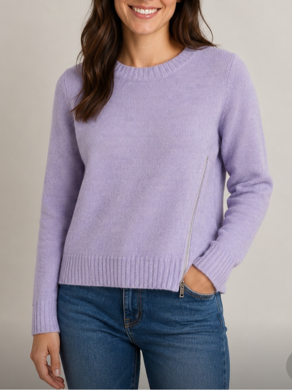 Aqua 100% Cashmere Zip-Accent Crewneck Sweater